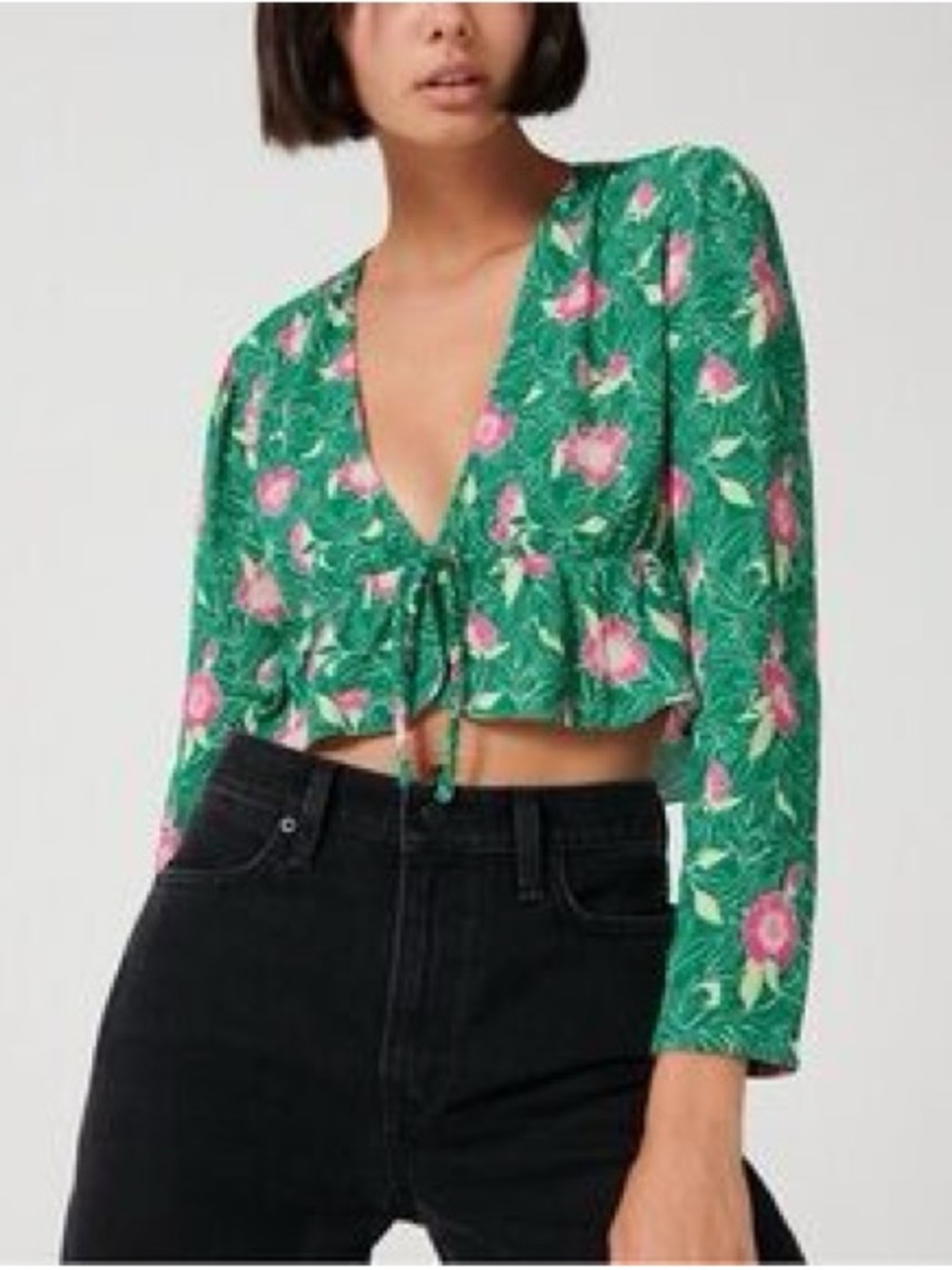 Aritzia SUNDAY BEST Green Floral Tie-Front Blouse